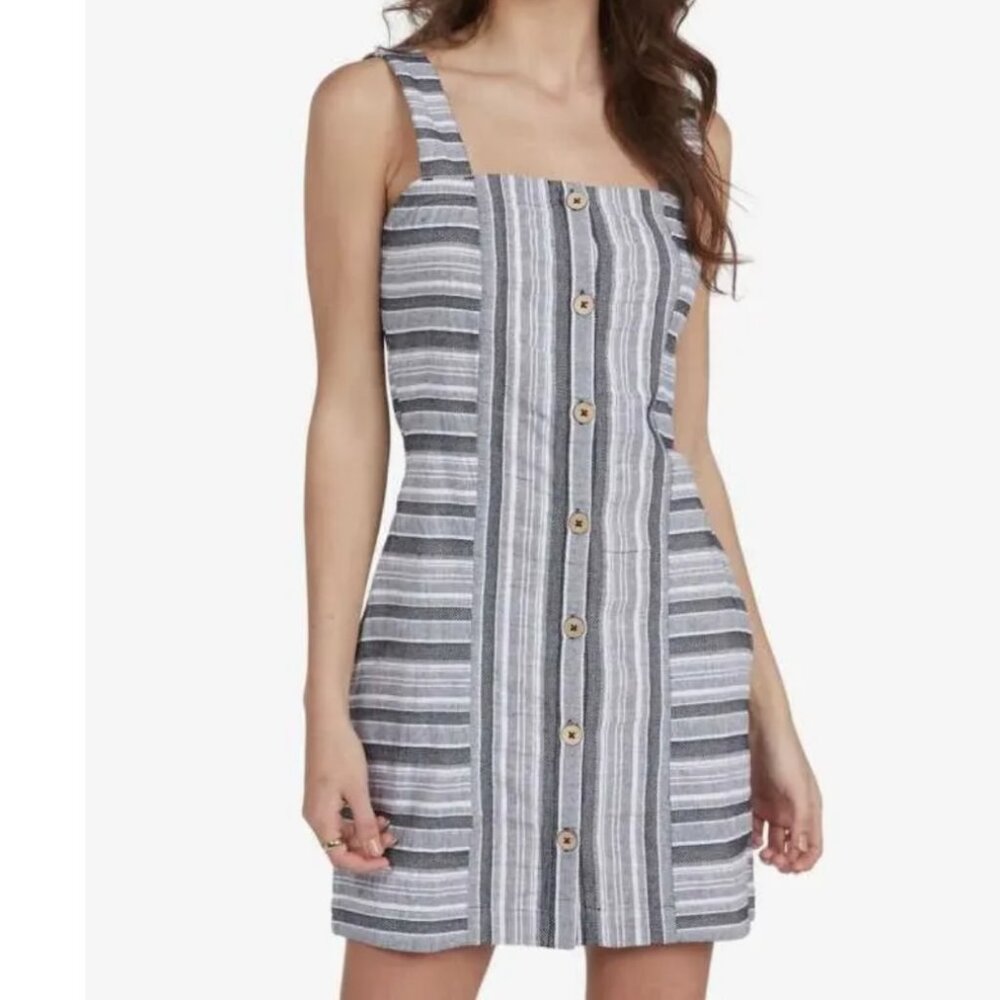 NEW! ROXY Next Door Dress Medium $56 Cotton Pockets Gray White Black Striped